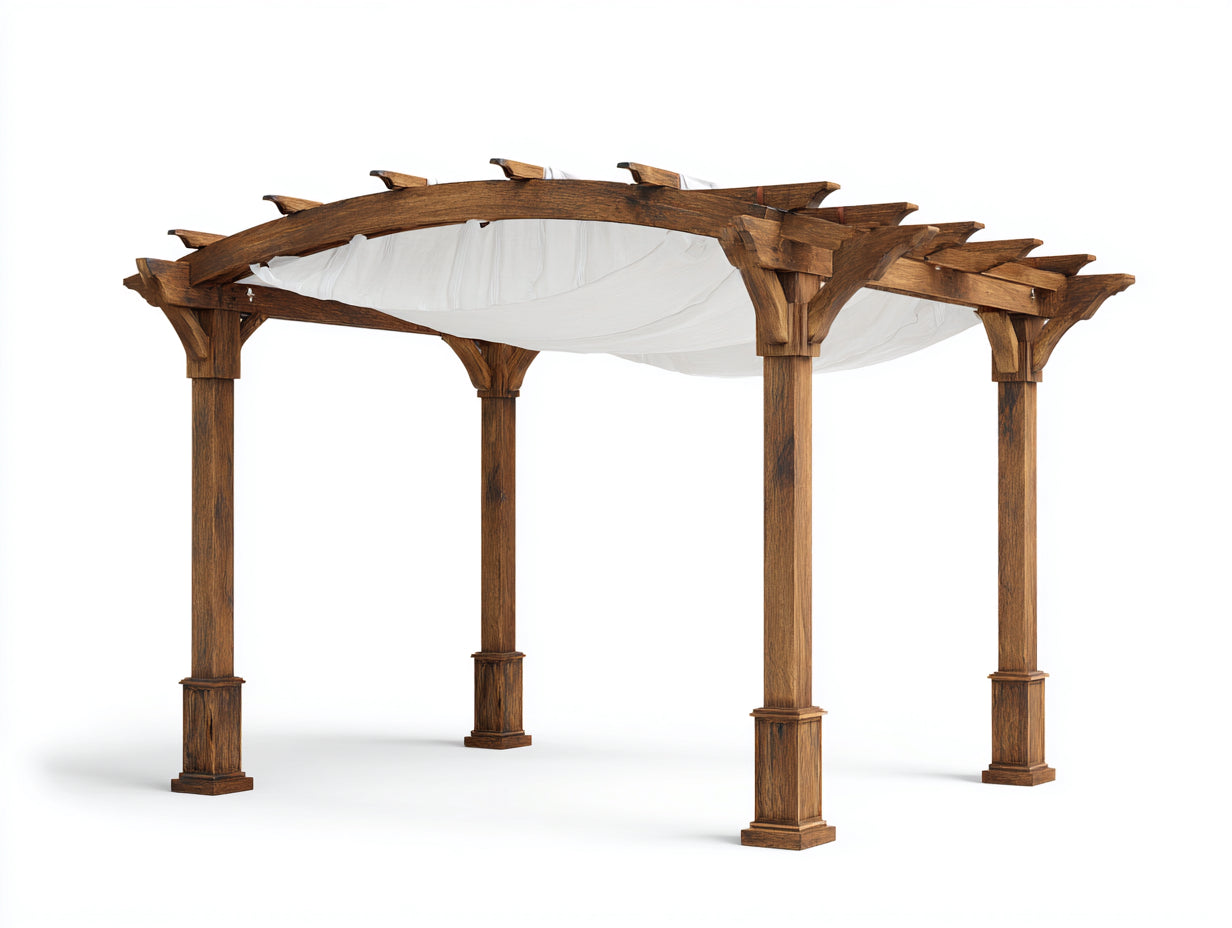 Tonnelle de jardin - Bois - 420 x 320 x 250 cm - Marron foncé-Blanc - Style rustique avec toile d'ombrage